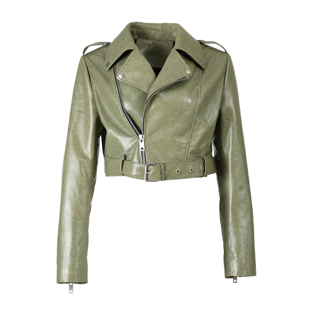 Cropped Leather Jacket With Belt Genuine Sheepskin Leather Jacket