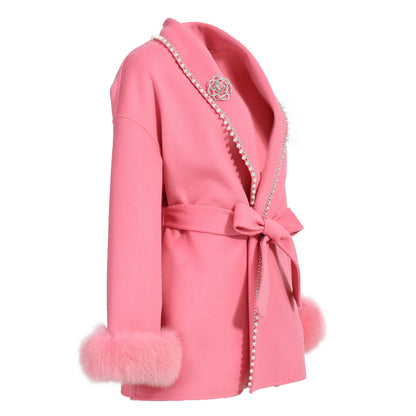 Cashmere Coat With Real Fox Fur Cuffs Winter Double Long Wool Coat