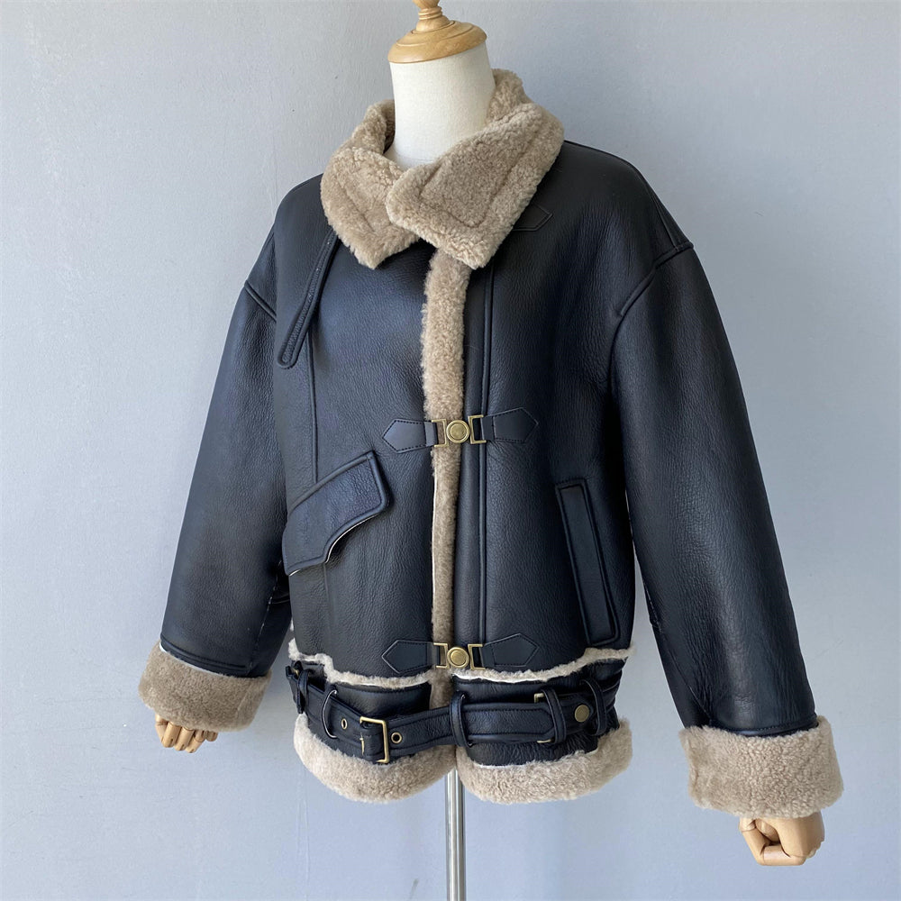 Warm Shearling Coat With Real Sheep Fur Belt Design Winter Women Genuine Shearling Jacket