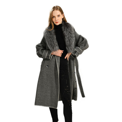 Jaxmonoy Fashion Women Winter Handmade Wool Cashmere Coat With Big Silver Fox Fur Collar