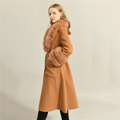 Jaxmonoy Women Cashmere Coat With Fur Collar And Cuffs