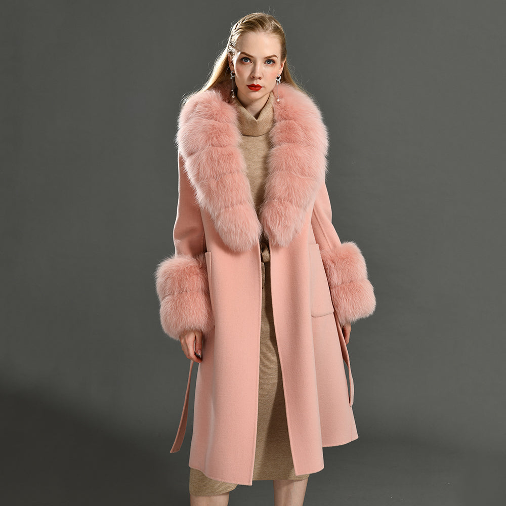 Jaxmonoy Women Cashmere Coat With Fur Collar And Cuffs