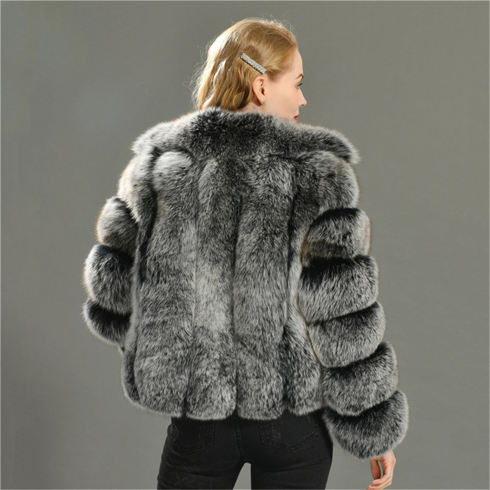 Jaxmonoy Real Fox Fur Coat With Big Double Face Fox Fur Collar