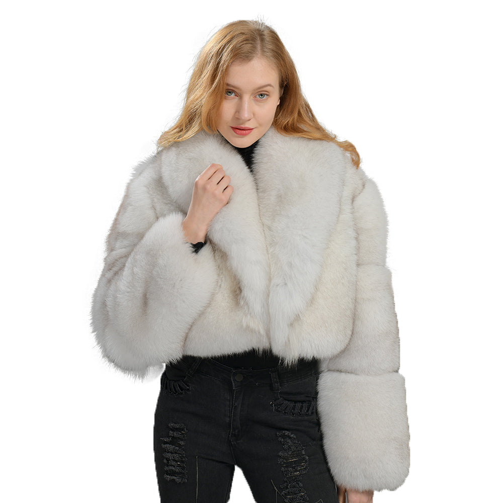 Jaxmonoy Elegant Real Fox Fur Coat With Big Fox Fur Collar