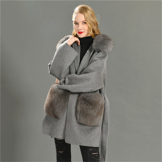 Jaxmonoy Women Cashmere Coat With Fur Pocket