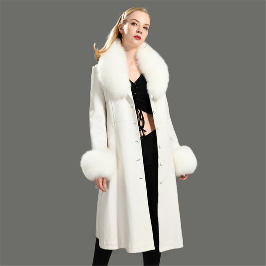 Jaxmonoy Leather Jacket Long Style Trench With Fox Fur Collar