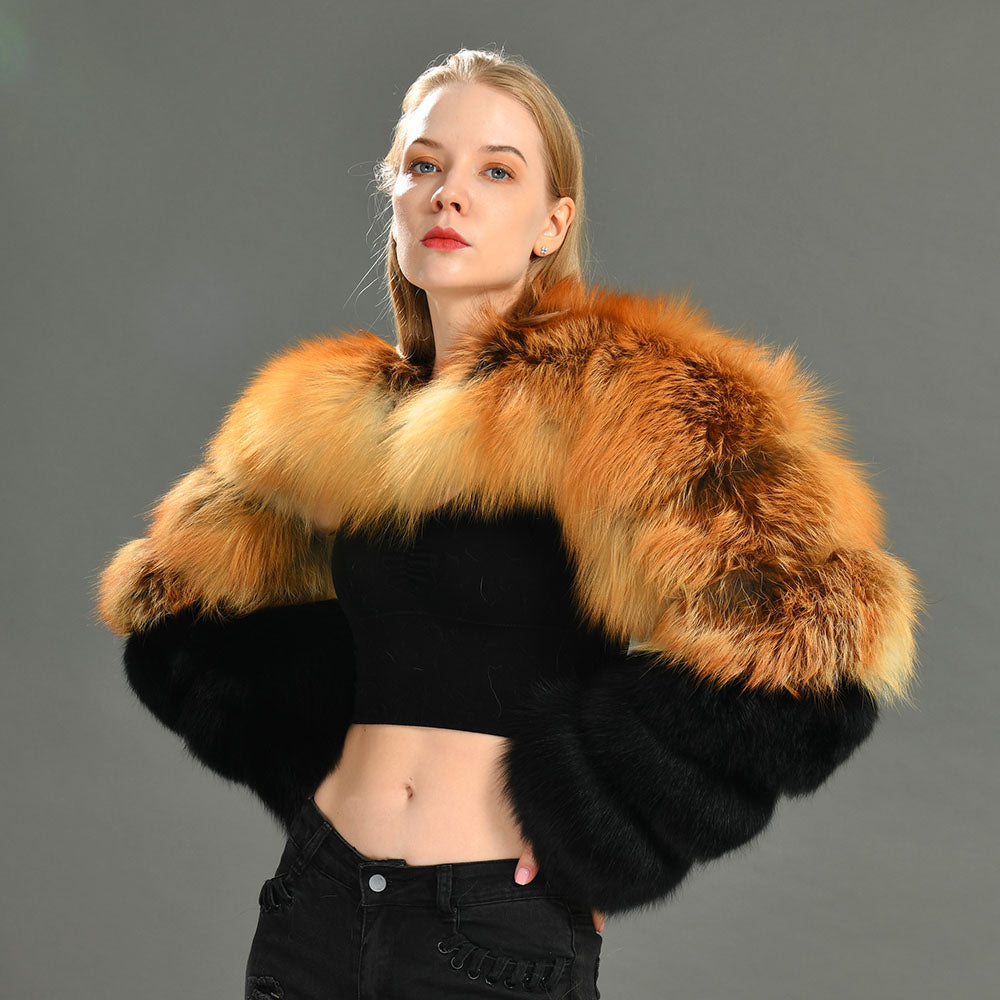 Jaxmonoy Real Fox Fur Coat Double Fur Sleeves Design