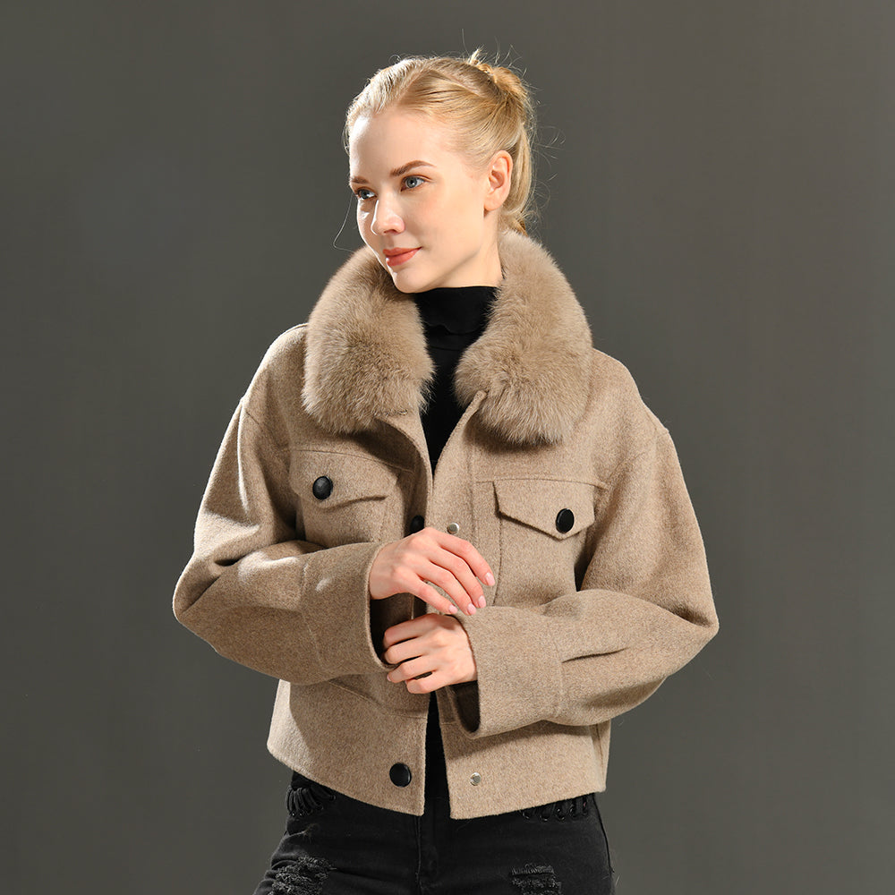 Jaxmonoy Women Cashmere Coat With Fur Collar Short Style