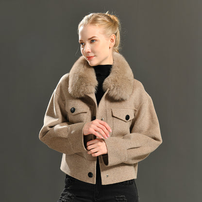 Jaxmonoy Women Cashmere Coat With Fur Collar Short Style