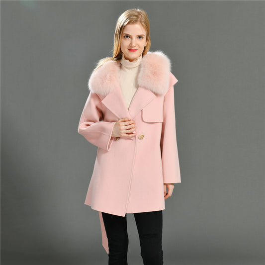 Jaxmonoy Cashmere Wool Coat Big Real Fur Collar