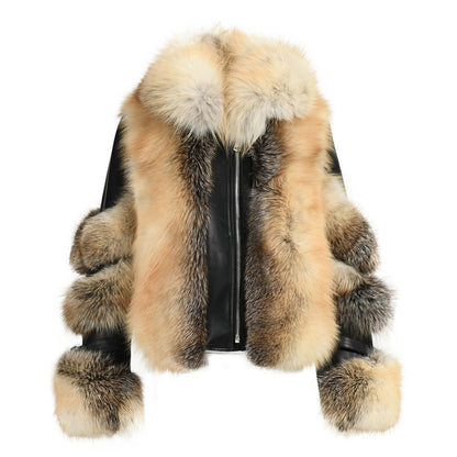 Winter Thick Windproof Real Fox Fur Coat With Zipper And Belt Design Women Genuine Leather Fur Jacket