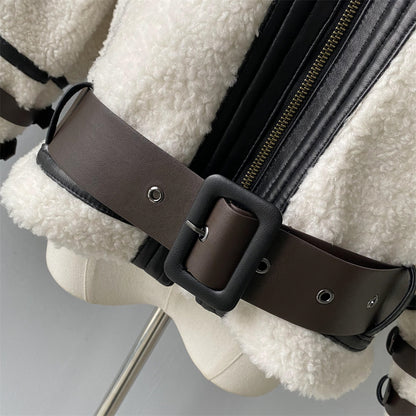 Thick Warm Genuine Sheepskin Shearling Jacket With Real Leather Belt Fashion Women Teddy Bear Shearling Sheep Coat