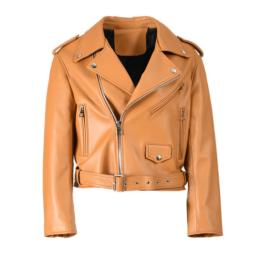 Spring Pure Color Genuine Leather Jackets With Belt And Zipper