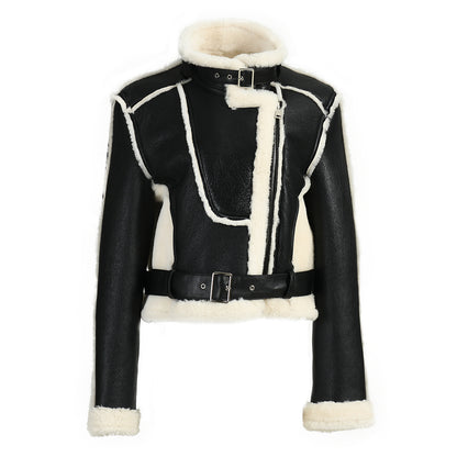 Turn-down Collar Belt Design Genuine Shearling Jacket With Sheep Fur Lining Winter Women Real Shearling Jacket