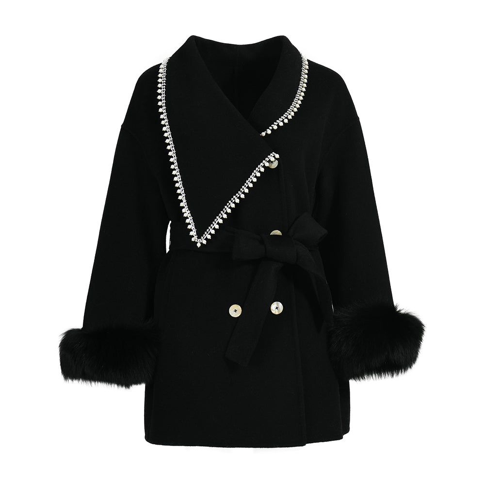 Winter New Style Turn-down V-neck Double-sided Wool Coat High Quality Women Real Fox Fur Cuff Cashmere Coatings