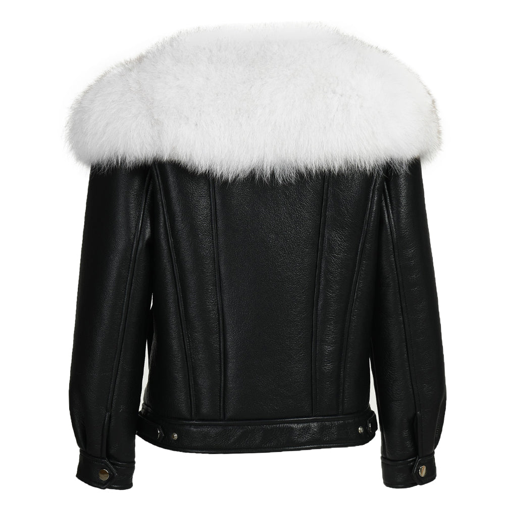 Luxury Fluffy Fox Fur Collar Regular Length Genuine Leather Shearling Jacket Women Custom