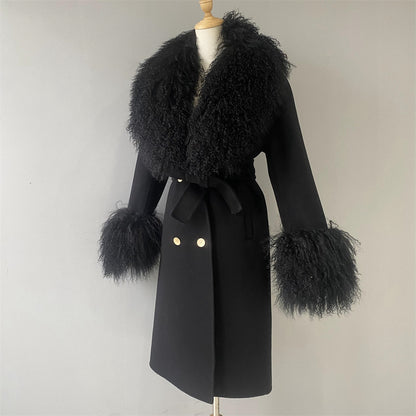 Winter Custom Long Wool Coat With Real Mongolian Fur Collar And Cuffs