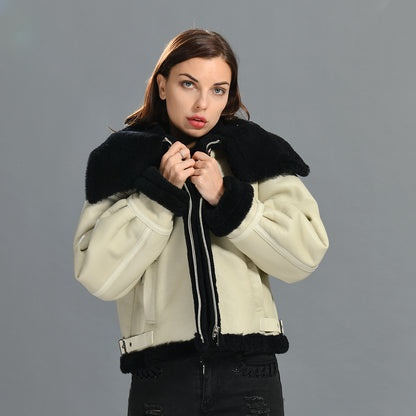 Zipper And Belt Design Genuine Shearling Jacket With Lamb Fur Wholesale Winter Women Shearling Coat