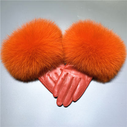 Jaxmonoy Women Winter Fashion Real Leather And Fluffy Real Fur Gloves