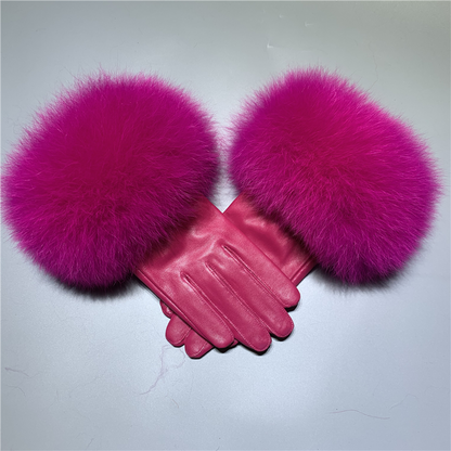 Jaxmonoy Women Winter Fashion Real Leather And Fluffy Real Fur Gloves