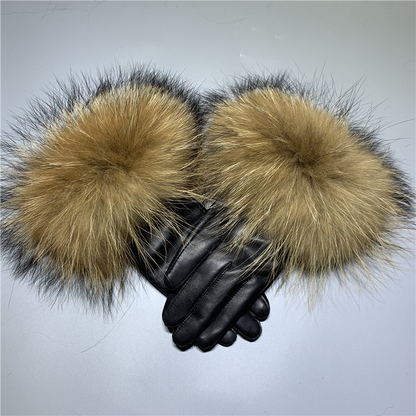 Jaxmonoy Women Winter Fashion Real Leather And Fluffy Real Fur Gloves