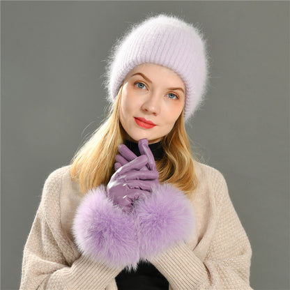 Jaxmonoy Women Winter Fashion Real Leather And Fluffy Real Fur Gloves