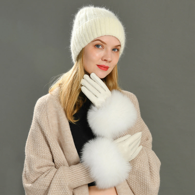 Jaxmonoy Women Winter Fashion Real Leather And Fluffy Real Fur Gloves