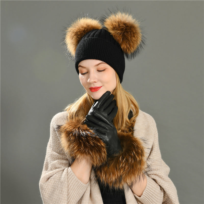 Jaxmonoy Women Winter Fashion Real Leather And Fluffy Real Fur Gloves