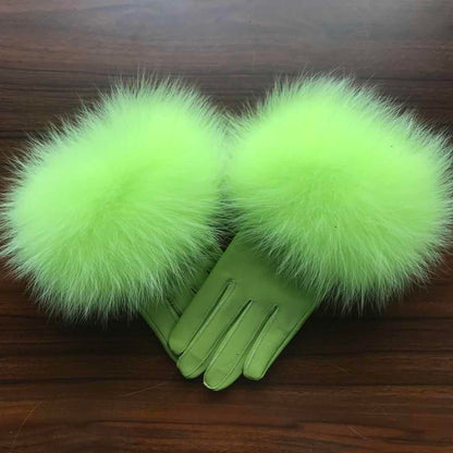 Jaxmonoy Women Winter Fashion Real Leather And Fluffy Real Fur Gloves