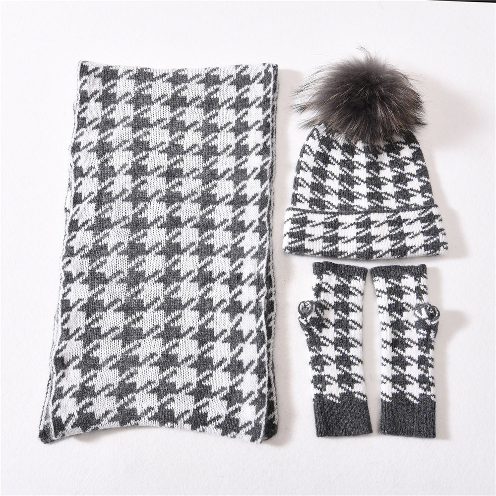 Jaxmonoy Women Winter Cashmere Knitted Beanie With Fluffy Genuine Raccoon Fur Pompom And Scarf Gloves Set