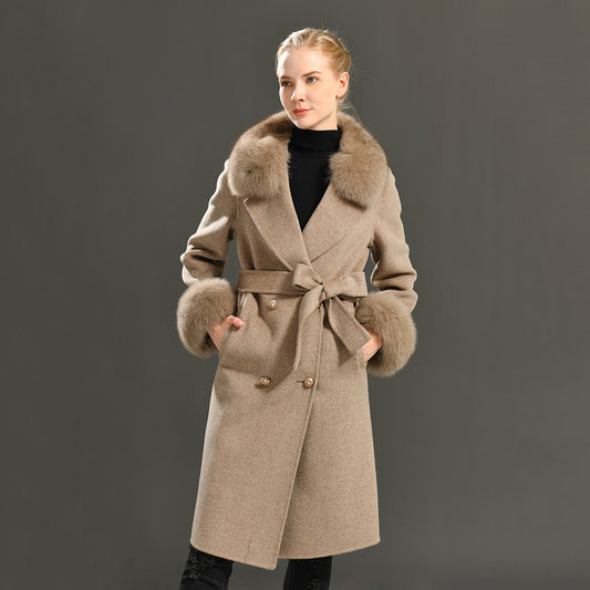 Jaxmonoy Women Winter Double Face Cashmere Coat Fluffy Genuine Fox Fur Collar Double Layer Cashmere Wool Coat