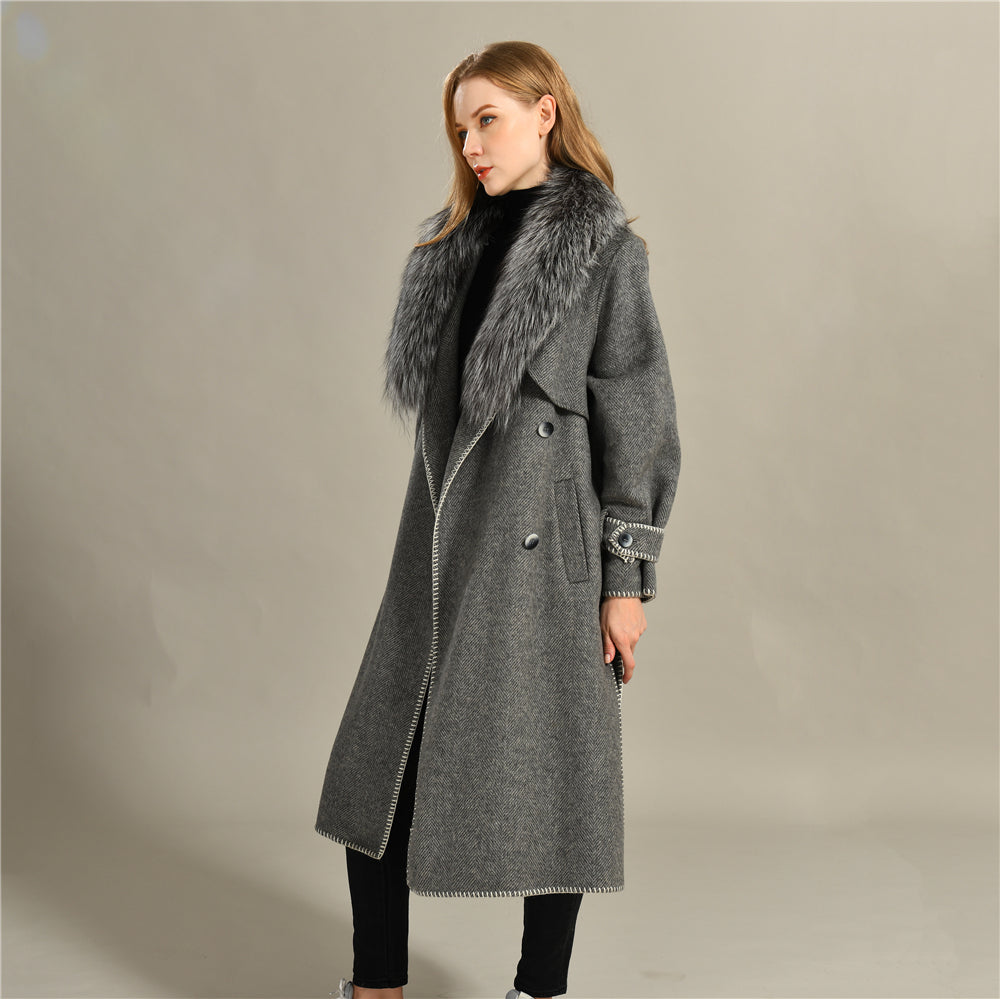 Jaxmonoy Fashion Women Winter Handmade Wool Cashmere Coat With Big Silver Fox Fur Collar