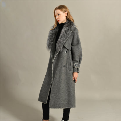 Jaxmonoy Fashion Women Winter Handmade Wool Cashmere Coat With Big Silver Fox Fur Collar