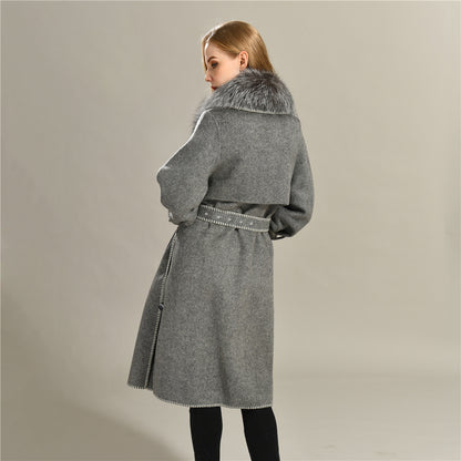 Jaxmonoy Fashion Women Winter Handmade Wool Cashmere Coat With Big Silver Fox Fur Collar