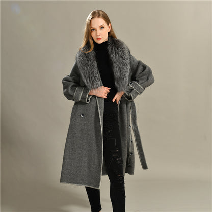 Jaxmonoy Fashion Women Winter Handmade Wool Cashmere Coat With Big Silver Fox Fur Collar