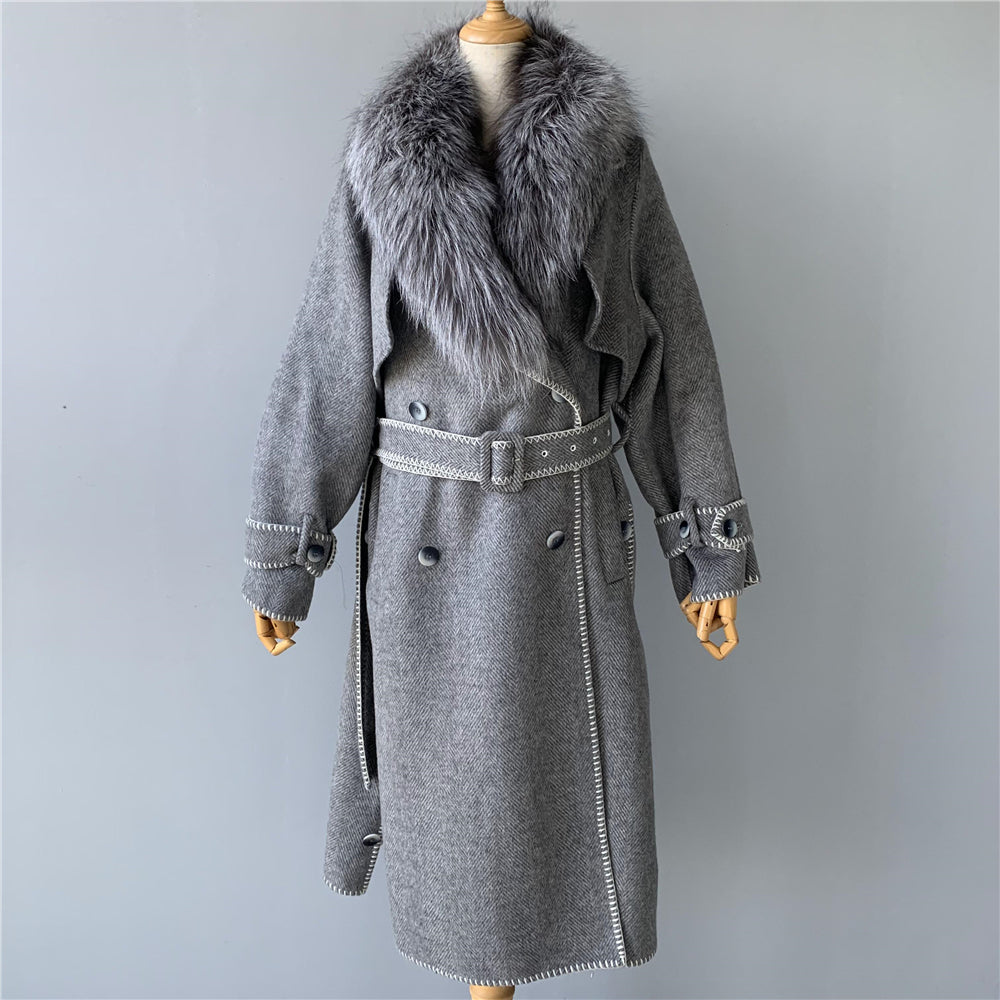 Jaxmonoy Fashion Women Winter Handmade Wool Cashmere Coat With Big Silver Fox Fur Collar