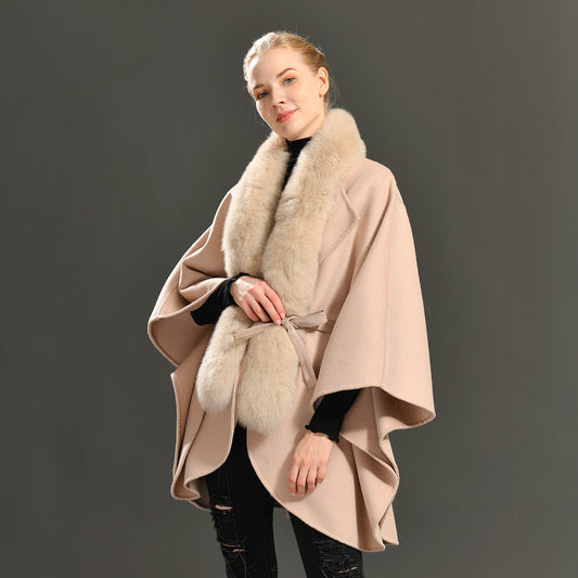 Jaxmonoy Women Cashmere Coat With Big Real Fur Collar And Sashes