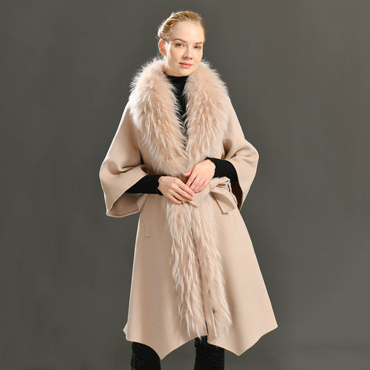 Jaxmonoy Women Cashmere Wool Coat Real Raccoon Collar Luxury Belt