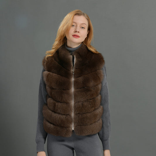 Jaxmonoy Fashionable Real Fluffy Fox Fur Jacket Cashmere Vest