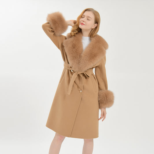 Jaxmonoy Luxurious Double-sided Cashmere Coat With Removable Big Fox Fur Collar And Cuffs