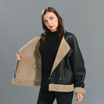 Winter Warm Crew Neck Leather Jacket With Lamb Fur  High Quality Sheepskin