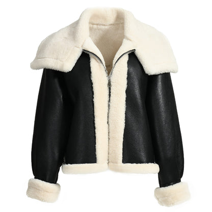 Zipper And Belt Design Genuine Shearling Jacket With Lamb Fur Wholesale Winter Women Shearling Coat