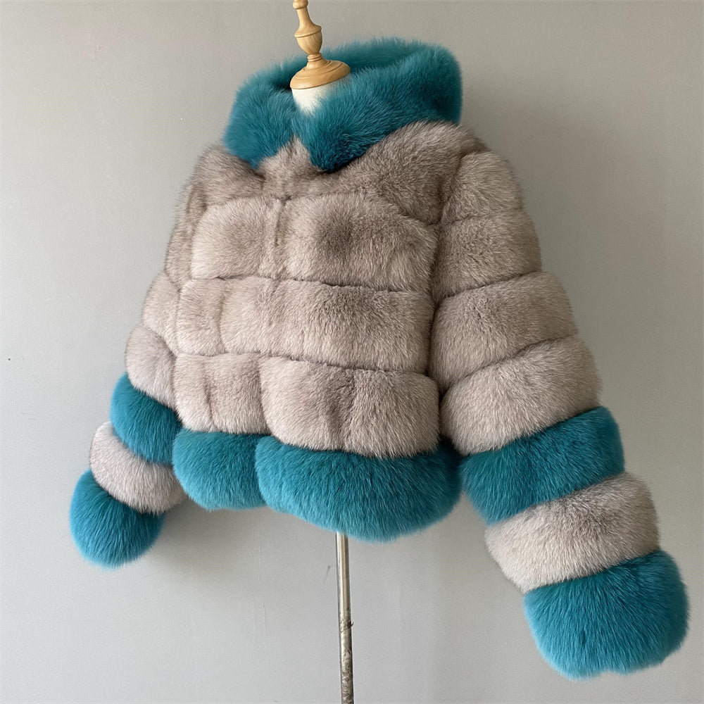 Mixed Color Real Fluffy Fox Fur Coat With Hood Design Wholesale Popular Winter Clothes For Women