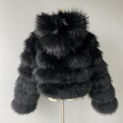 Thick Waerm Hooded Fluffy Real Fox Fur Jacket Zipper Design Custom Color Women Wholesale Winter Real Fur Coat