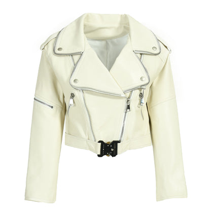 Leather Jacket Turn-down Collar Zipper Belt Design Women Genuine Leather Camel Jacket