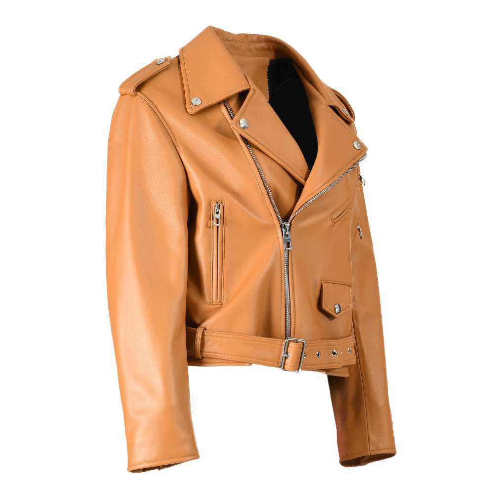 Spring Pure Color Genuine Leather Jackets With Belt And Zipper