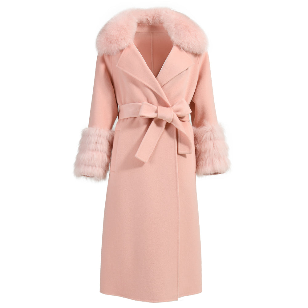 Colorful Long Cashmere Coat With Real Fox Fur Winter Fashion Trench Coat