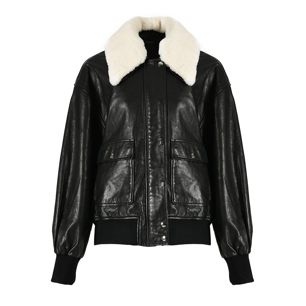 Real Leather Jacket With Detachable Sheep Fur Collar