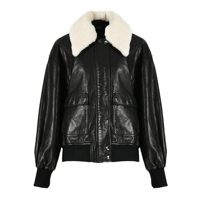 Real Leather Jacket With Detachable Sheep Fur Collar