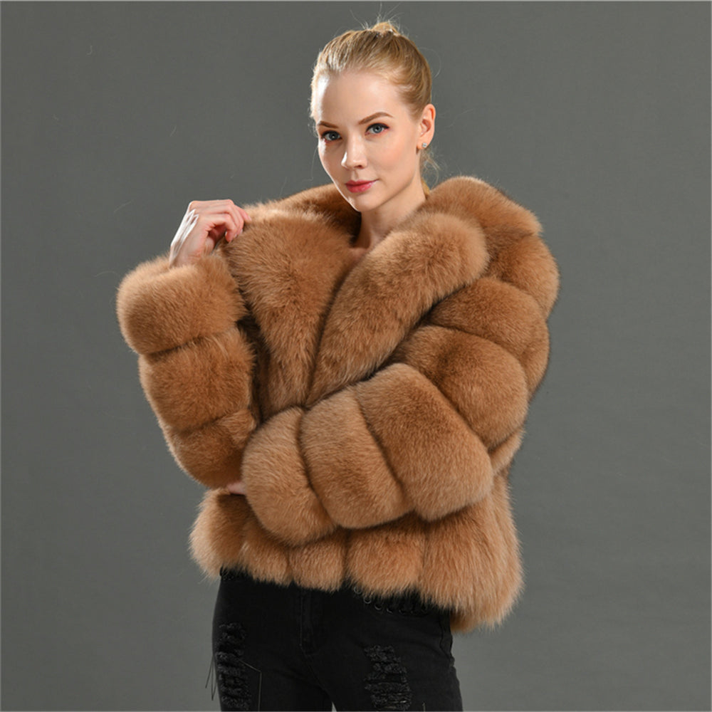 Jaxmonoy Real Fox Fur Coat With Big Double Face Fox Fur Collar